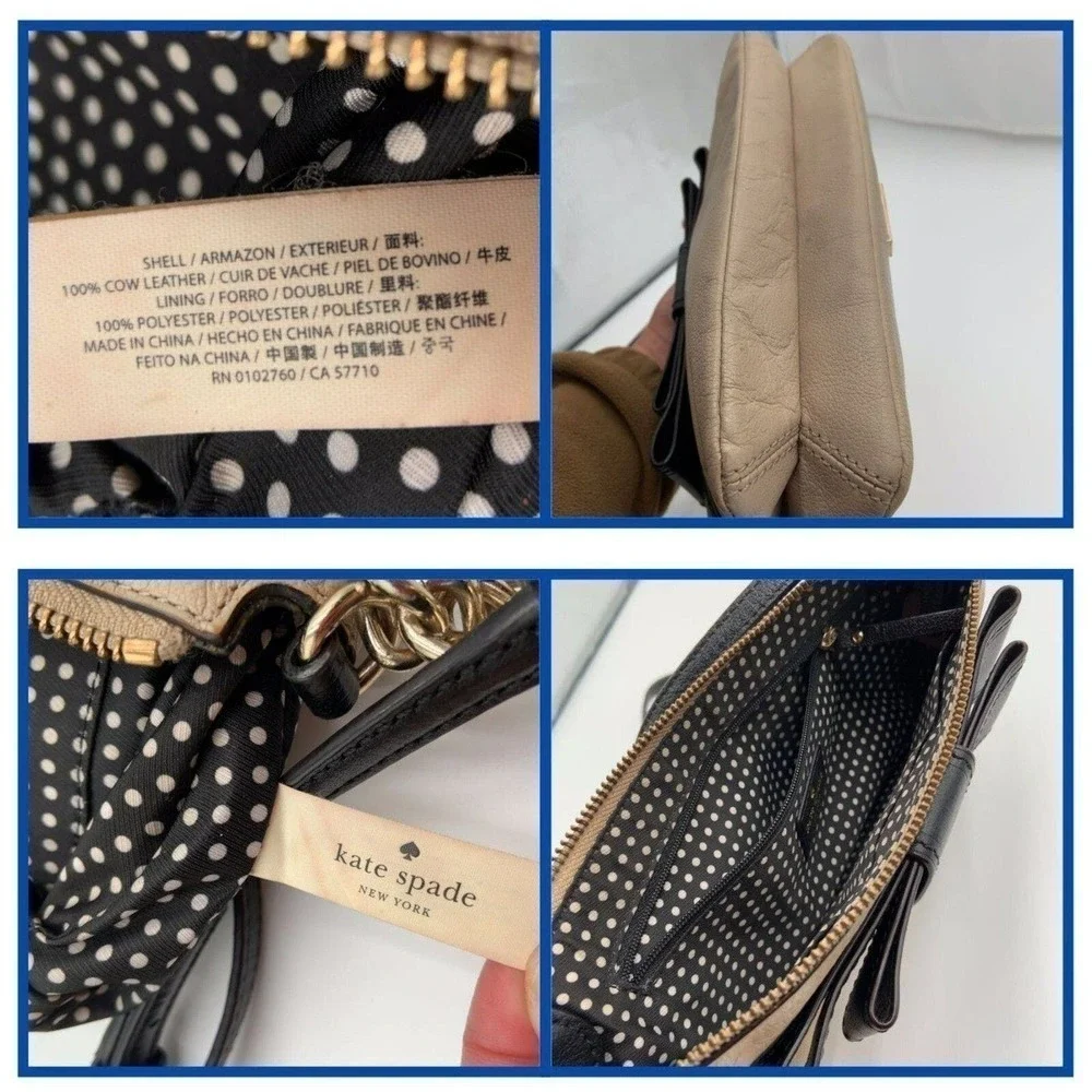 KATE SPADE New York Crossbody Bow‎ Bag Cow Leather Beige Black Classic Classic
